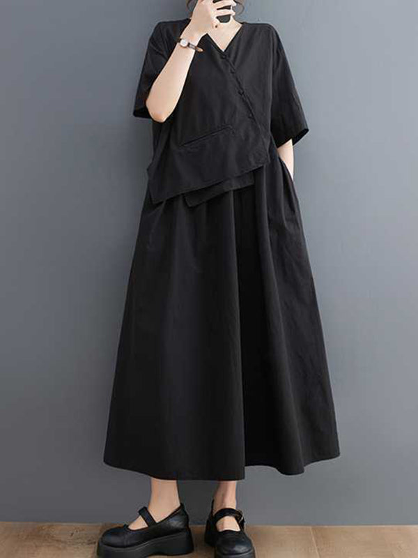 Robe mi-longue ample plissée à manches courtes, à empiècements, à col en V, couleur unie