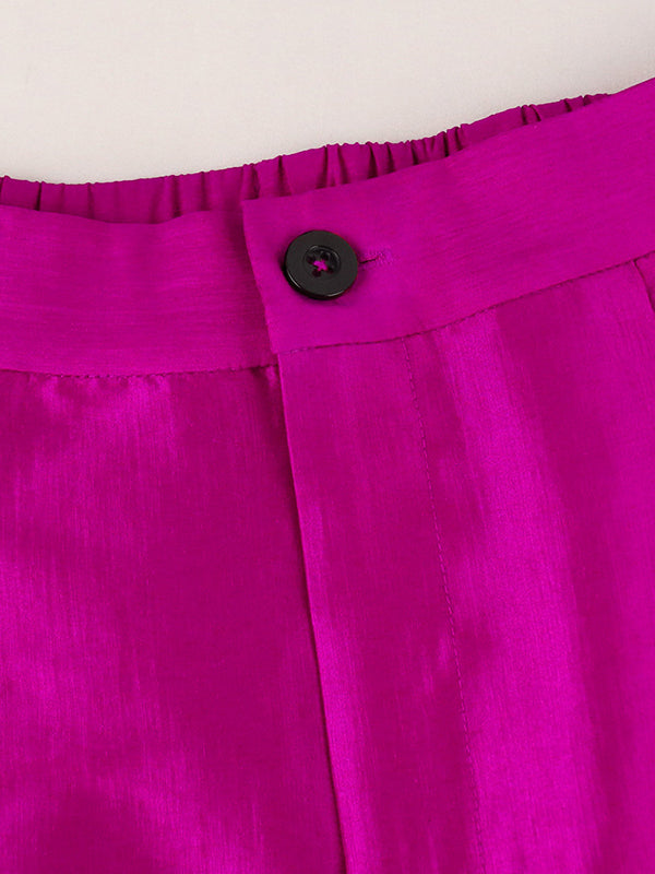 Pantalon évasé ample boutonné Volants taille haute de couleur unie