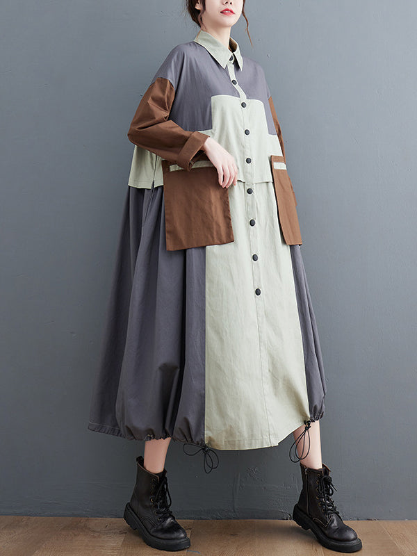 Robe mi-longue ample vintage, à manches longues, col polo, couleur contrastée