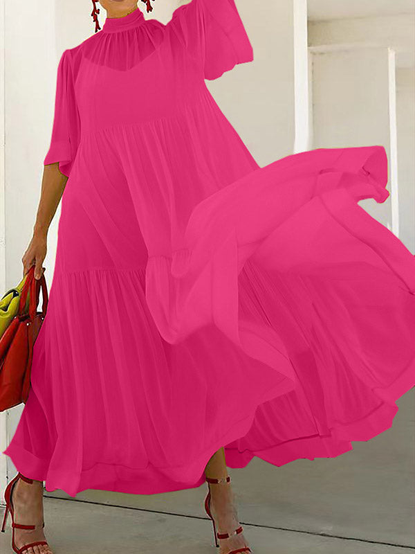 Ensemble deux pièces en maille plissée, ample, grande taille, couleur unie, fente à col montant, robes longues