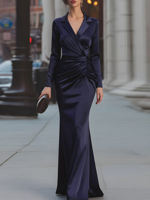 Robe longue plissée fendue sur le côté taille haute, à manches longues, à col cranté, couleur unie