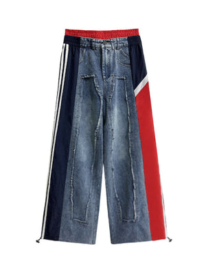 Jean ample à jambes larges, à cordon de serrage, à taille élastique, à franges, à empiècements, couleur contrastée