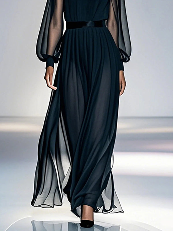 Robe longue ample plissée transparente effet deux pièces, en gaze, à col rond