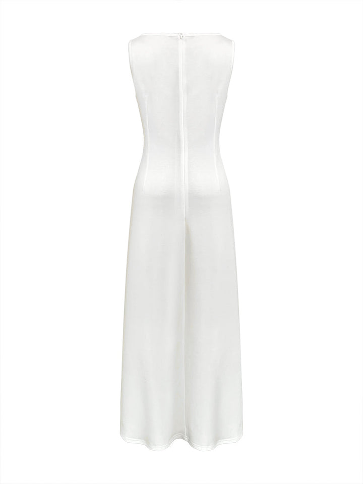 Robe de soirée longue plissée sans manches, en gaze, à empiècements, à col rond, couleur unie