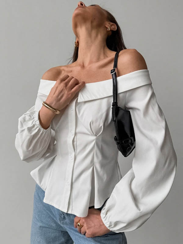 Chemisier ample boutonné à manches longues, à taille élastique, à poches, à épaules dénudées, couleur unie