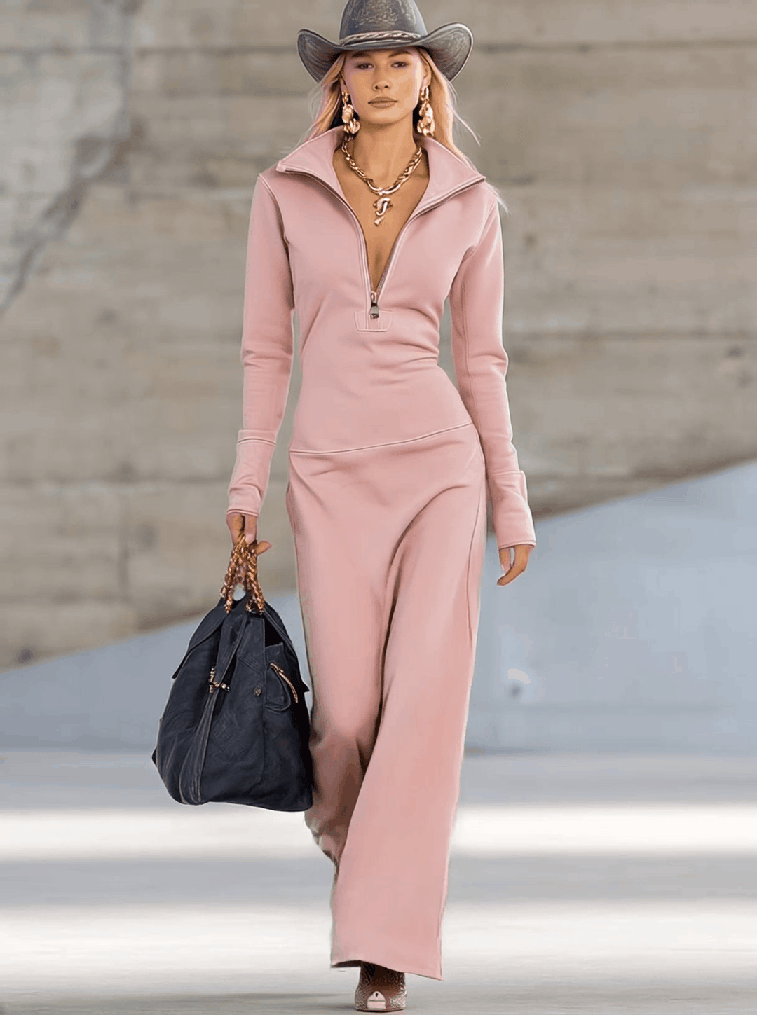 Beatrice | Robe Maxi à Capuche Rose pour Femmes à Manches Longues
