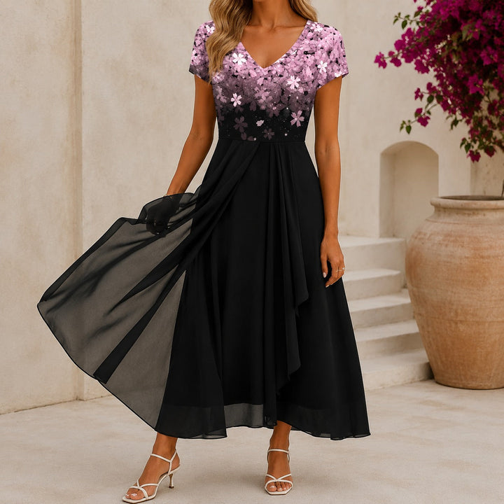 Beatrix | Robe cocktail midi florale avec décolleté en V