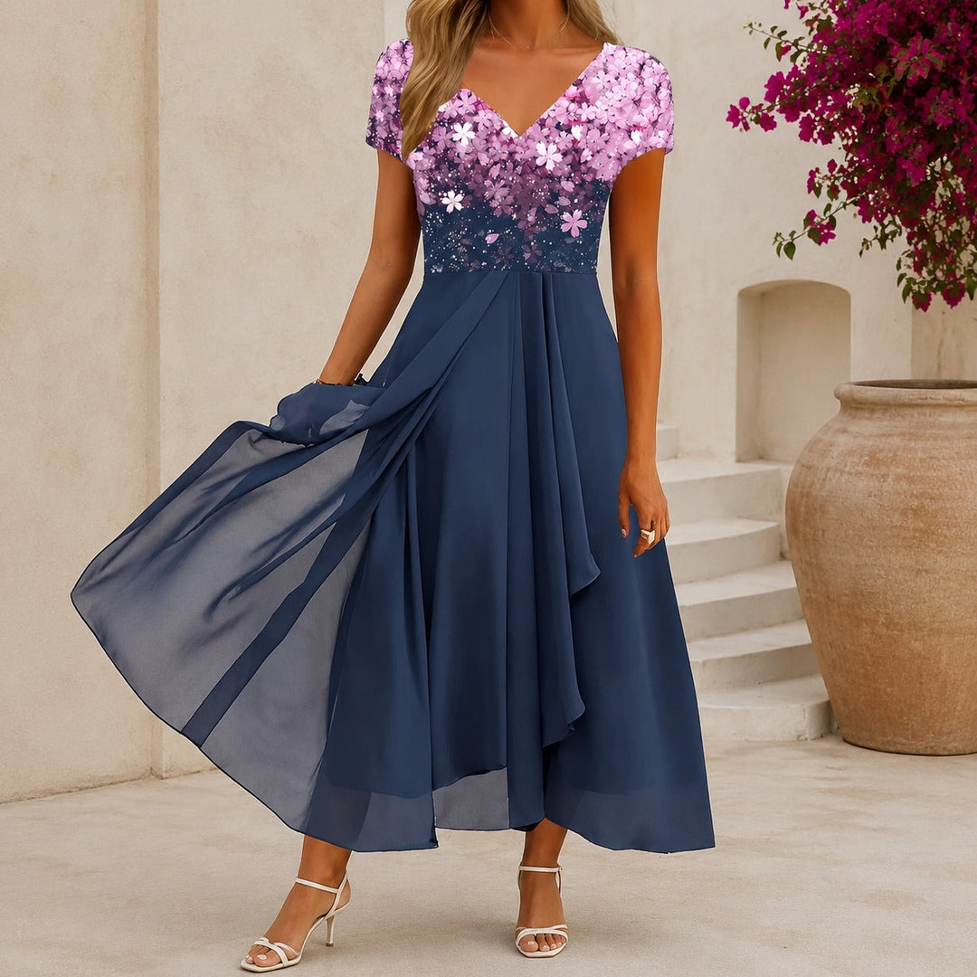 Beatrix | Robe cocktail midi florale avec décolleté en V