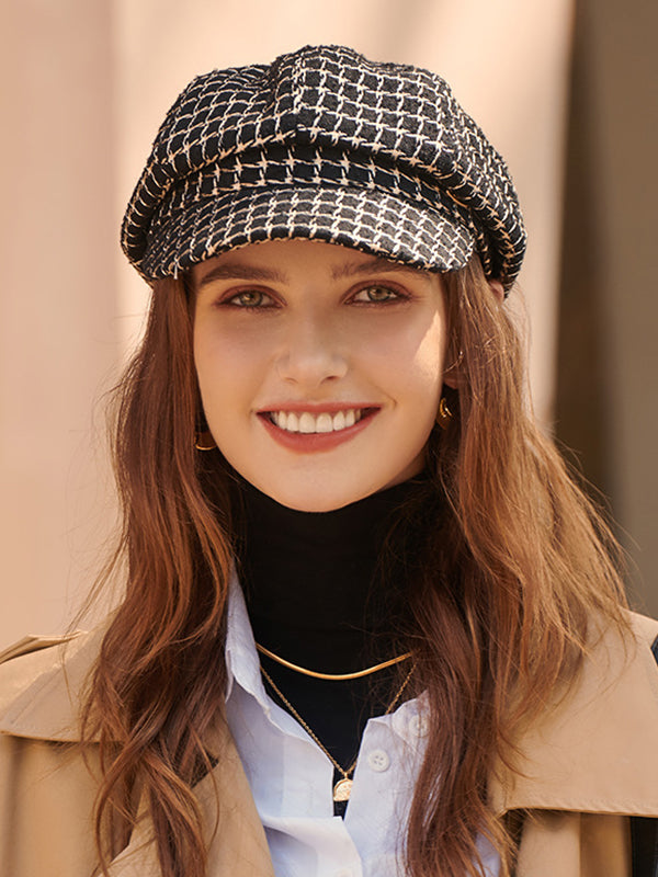 Chapeau en laine à carreaux pied-de-poule de couleur contrastée vintage