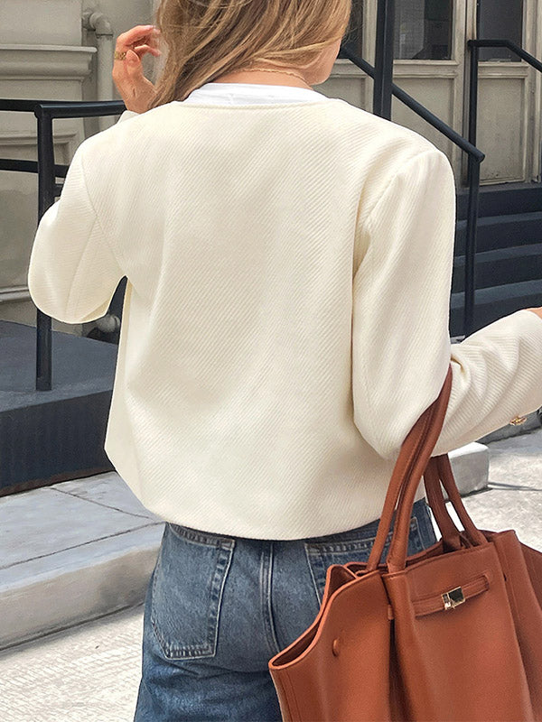 Veste boutonnée rayée à manches longues, coupe près du corps, à boutonnage simple, sans col, couleur unie