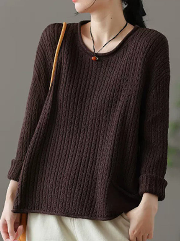 Pull artistique ample rétro, à manches longues, en jacquard, à col rond, couleur unie