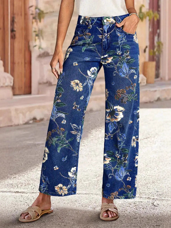 Jean à poches, à imprimé floral, taille haute, couleur contrastée