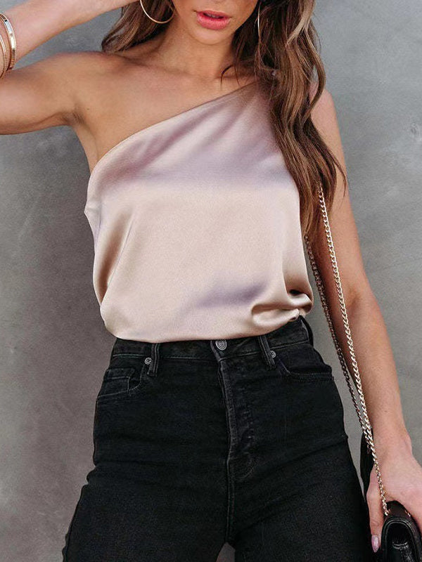 Débardeur ample asymétrique sans manches, asymétrique à une épaule, couleur unie