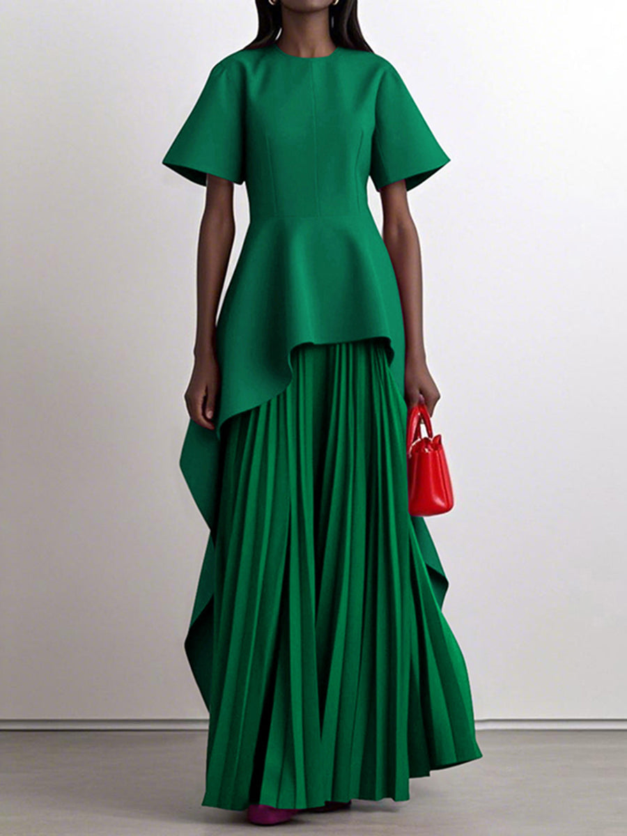 Robe longue plissée coupe trapèze, taille haute, à empiècements, à col rond, couleur unie