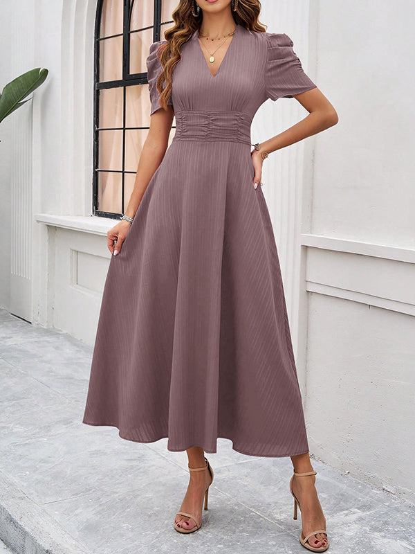 Robe longue plissée coupe trapèze, taille haute, à fermeture éclair, à col en V, couleur unie