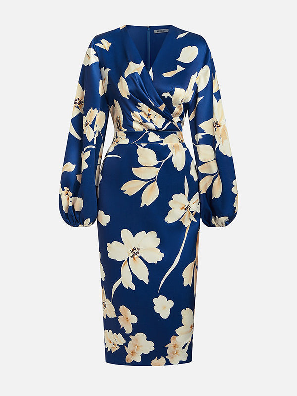 Robe mi-longue ample plissée à manches bouffantes, à imprimé floral, à empiècements, à col en V