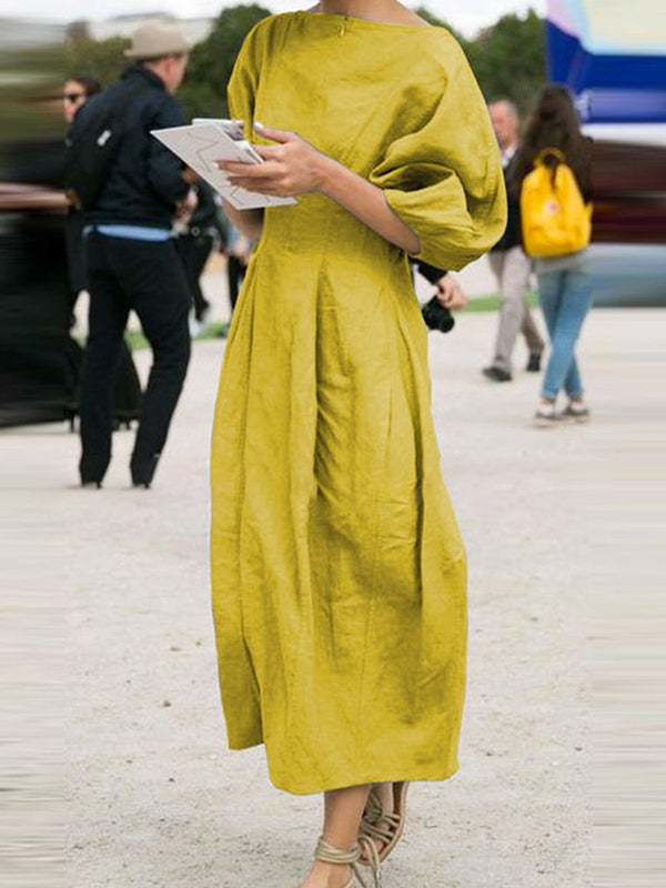 Robe longue ample à manches mi-longues, à col rond, couleur unie