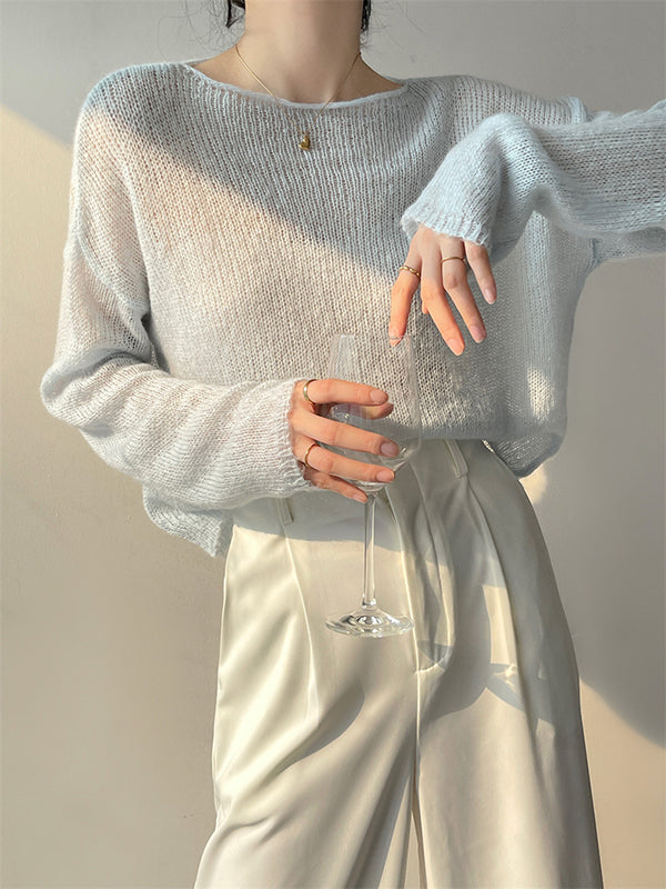 Pull fin tricoté en Mohair doux, manches longues, couleur unie, hauts fins