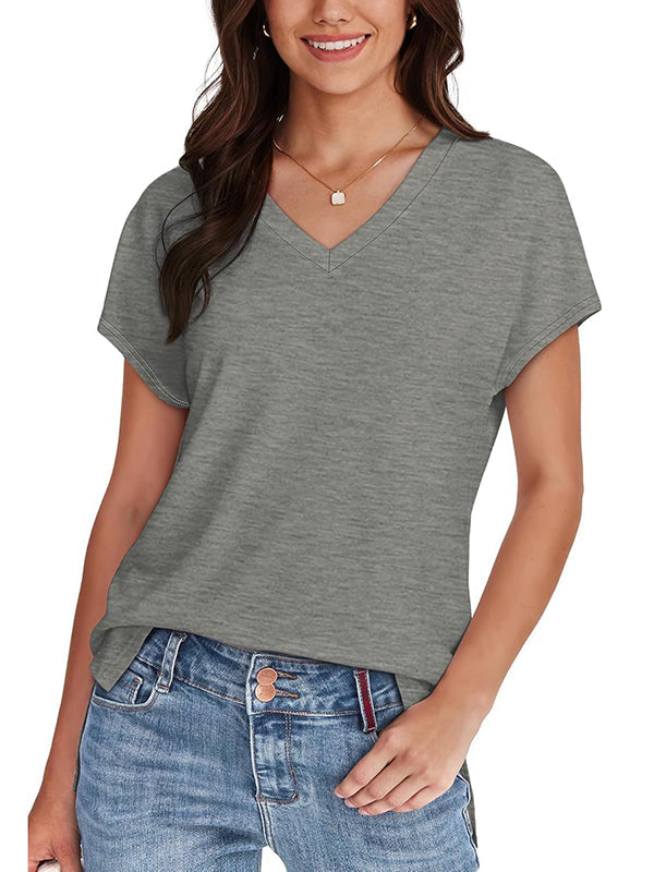 T-shirt fendu sur le côté à ourlet plongeant, à manches raglan, à empiècements, à col en V, couleur unie
