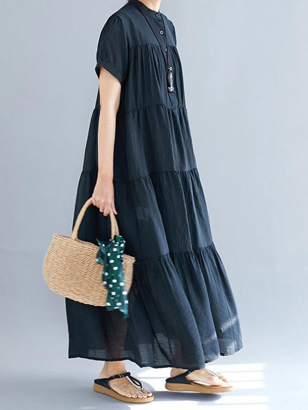 Robe mi-longue ample plissée vintage, à empiècements, à manches courtes, à col rond