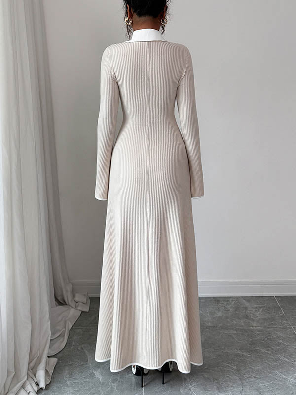 Robe pull moulante effet deux pièces, en maille côtelée, à empiècements, à col revers