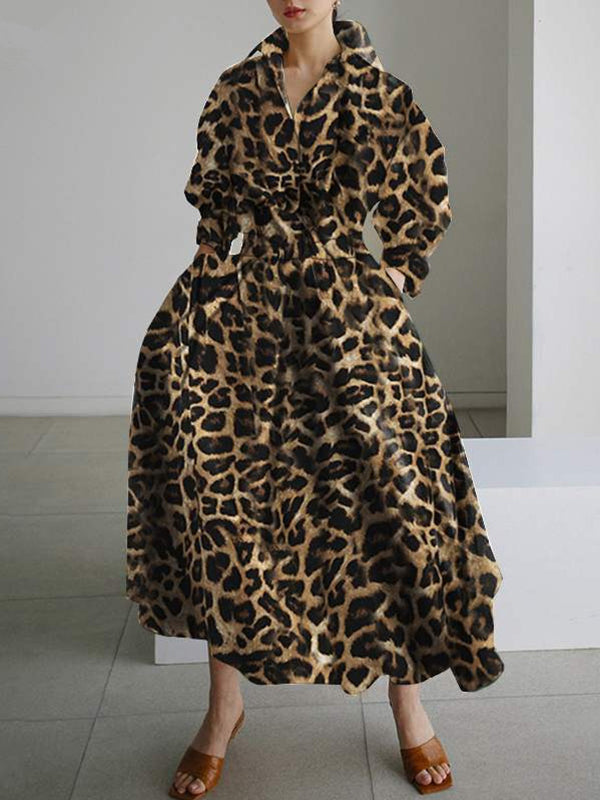 Robe longue boutonnée taille haute, à manches longues, à imprimé léopard, à col revers
