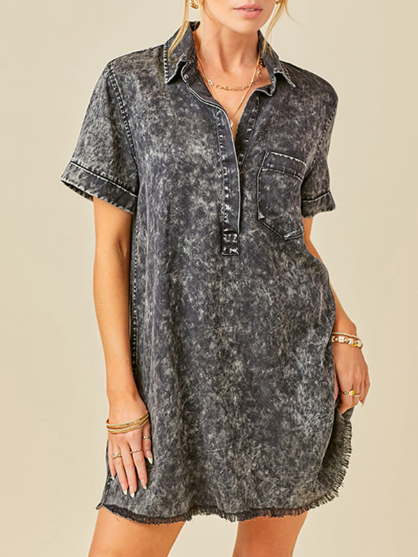 Robe courte ample plissée coupe trapèze, à franges, à poches, à empiècements, à col revers