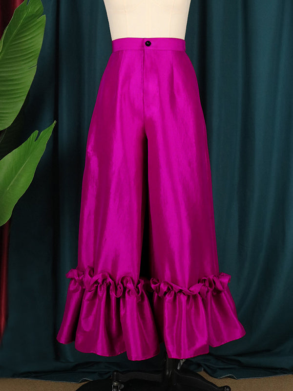 Pantalon évasé ample boutonné Volants taille haute de couleur unie