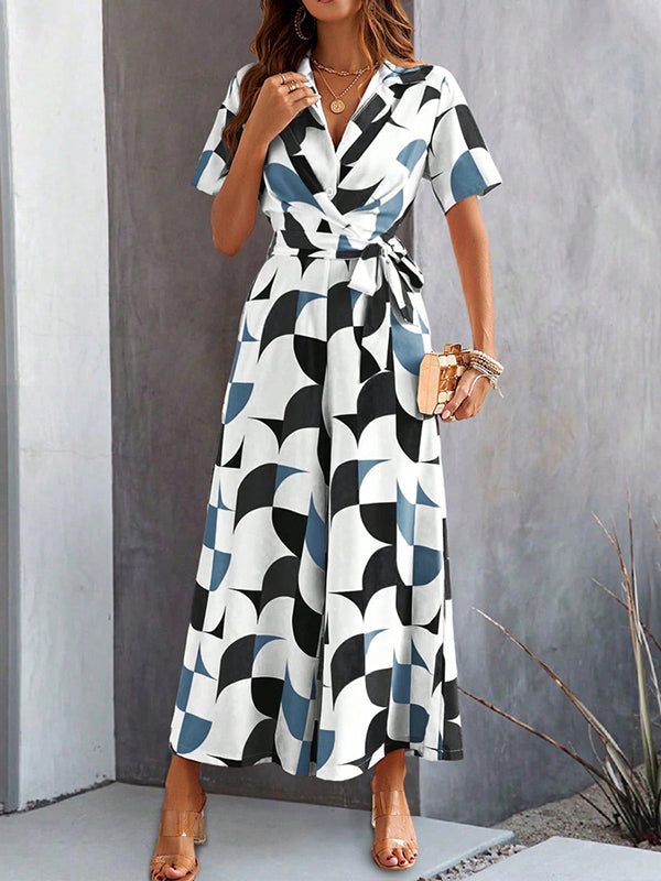 Combinaison ample boutonnée taille haute, à taille nouée, à col en V, couleur contrastée