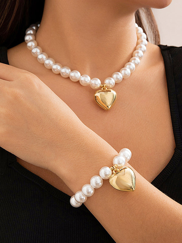 Parure bracelet et collier perlée brillante délicate en forme de cœur