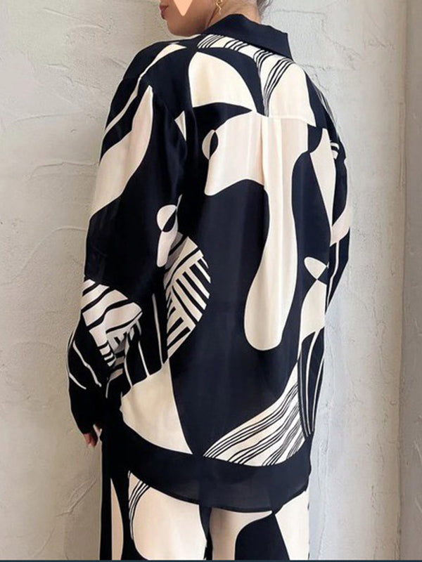Ensemble blouse imprimée ample et pantalon à poches, couleur contrastée