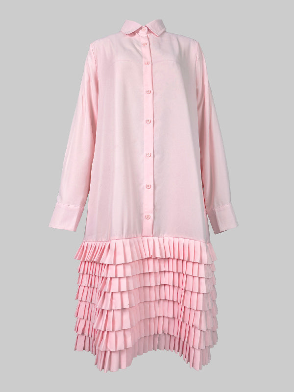 Robe chemise superposée plissée coupe trapèze, à manches longues, à poches, à empiècements, à col revers, couleur unie