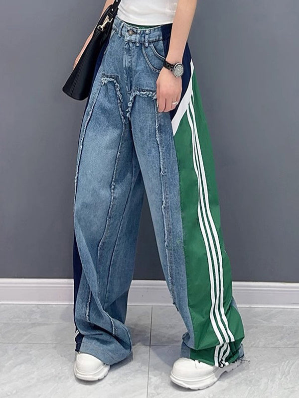 Jean ample à jambes larges, à cordon de serrage, à taille élastique, à franges, à empiècements, couleur contrastée