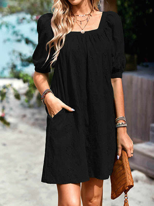 Robe courte ample à manches bouffantes, en jacquard, à col carré, couleur unie