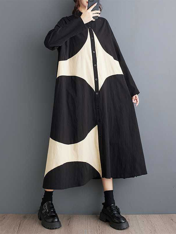 Robe chemise boutonnée imprimée coupe trapèze, à manches longues, à poches, à col revers