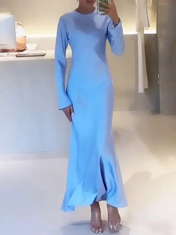 Robe longue coupe trapèze, taille haute, à col rond, couleur unie