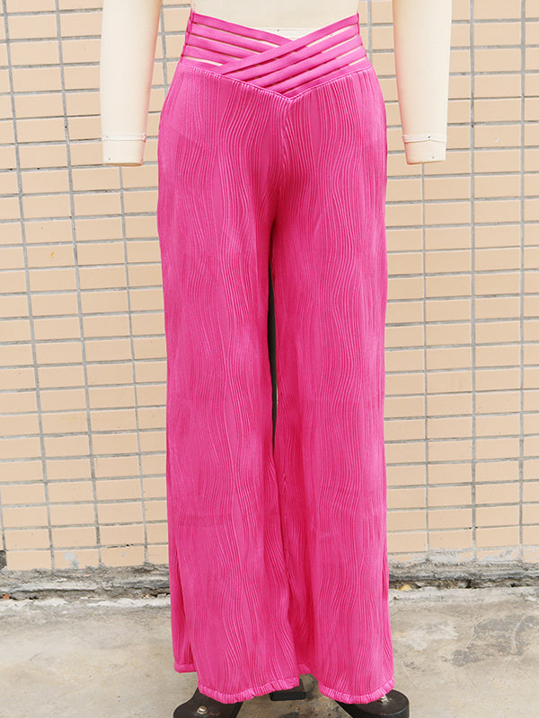 Pantalon ample ajouré plissé à jambes larges, à taille élastique, couleur unie