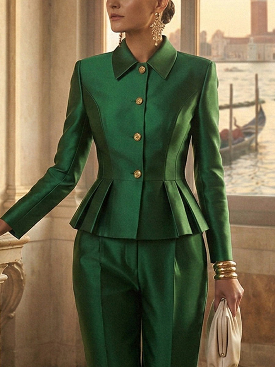 Chemisier boutonné volanté à taille élastique, taille haute, à empiècements, à col revers, couleur contrastée