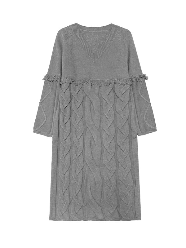 Robe pull ample à manches longues, à empiècements, à pompons, à col en V, couleur unie