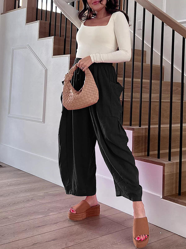 Pantalon ample plissé taille haute, à cordon de serrage, à taille élastique, à poches, couleur unie