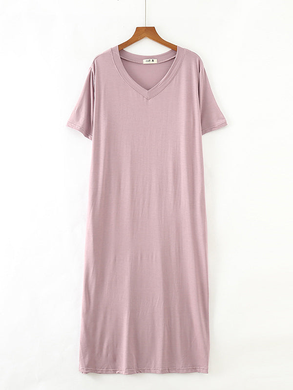 Robe de pyjama simple à manches courtes, ample, fendue sur le côté, couleur unie, col en V