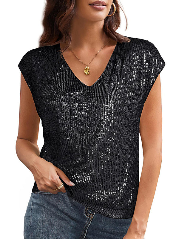 T-shirt ample brillant à manches chauve-souris, à sequins, à col en V