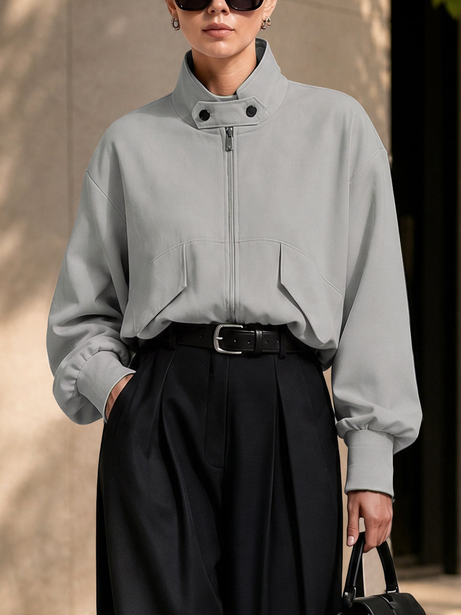 Veste ample à fermeture éclair, à manches longues, à col montant, couleur unie