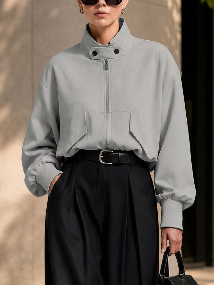 Veste ample à fermeture éclair, à manches longues, à col montant, couleur unie