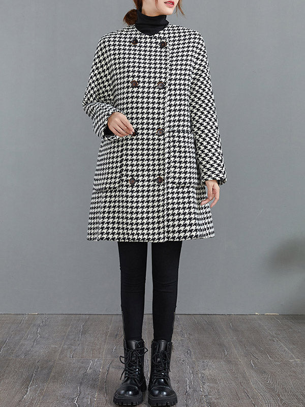 Manteau en laine ample boutonné à motif pied-de-poule, à col rond, à manches longues