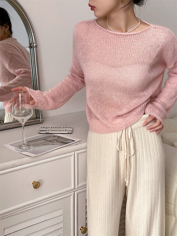 Pull fin tricoté en Mohair doux, manches longues, couleur unie, hauts fins