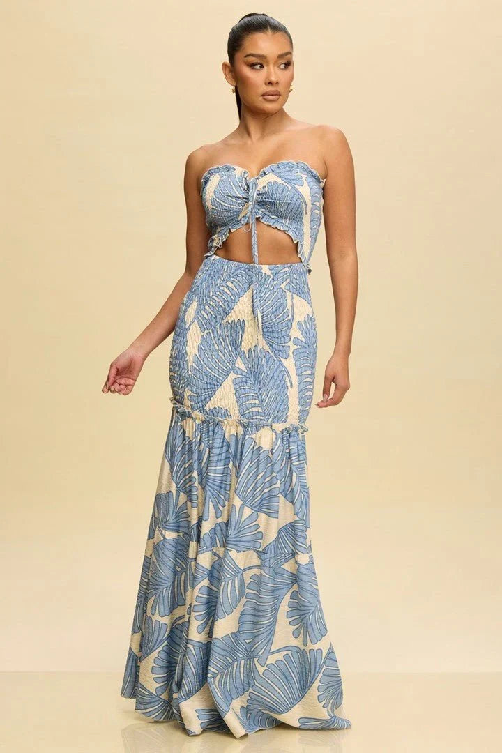 Naysa | Robe maxi sans bretelles avec imprimé tropical