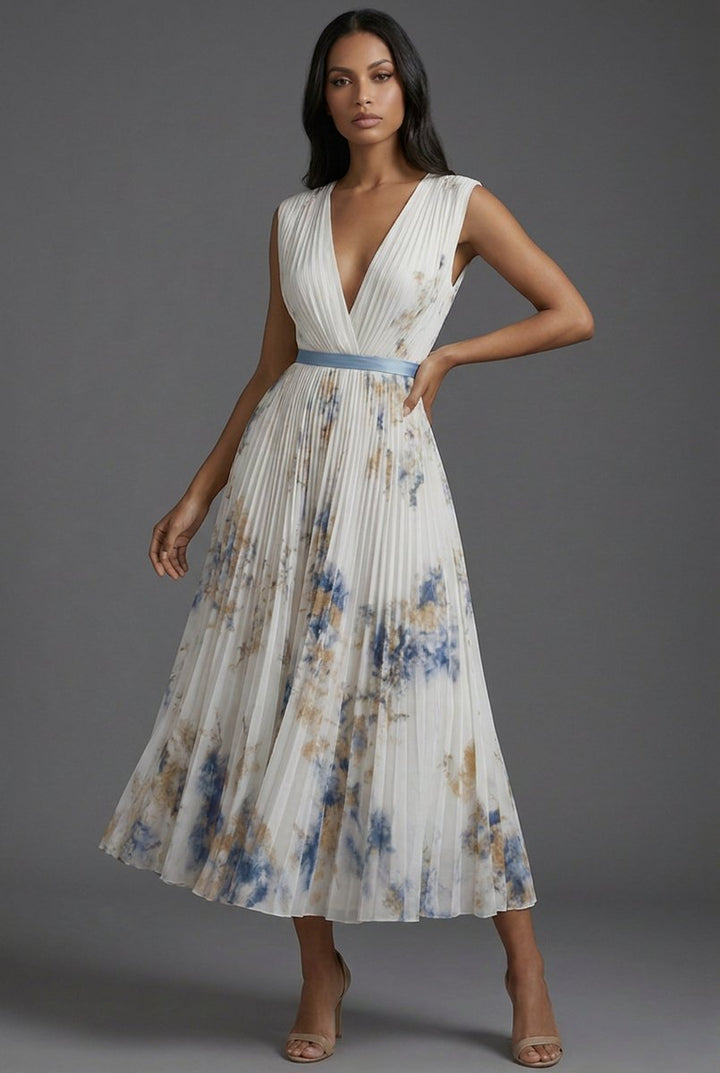 Amelie | Robe Midi Mère de la Mariée Robe Fleurie avec Décolleté en V Profond et Jupe Plissée