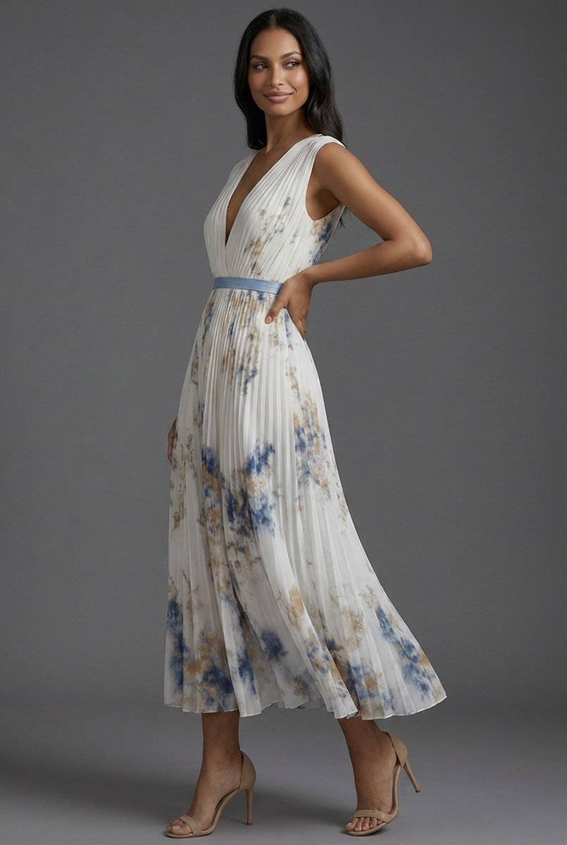 Amelie | Robe Midi Mère de la Mariée Robe Fleurie avec Décolleté en V Profond et Jupe Plissée