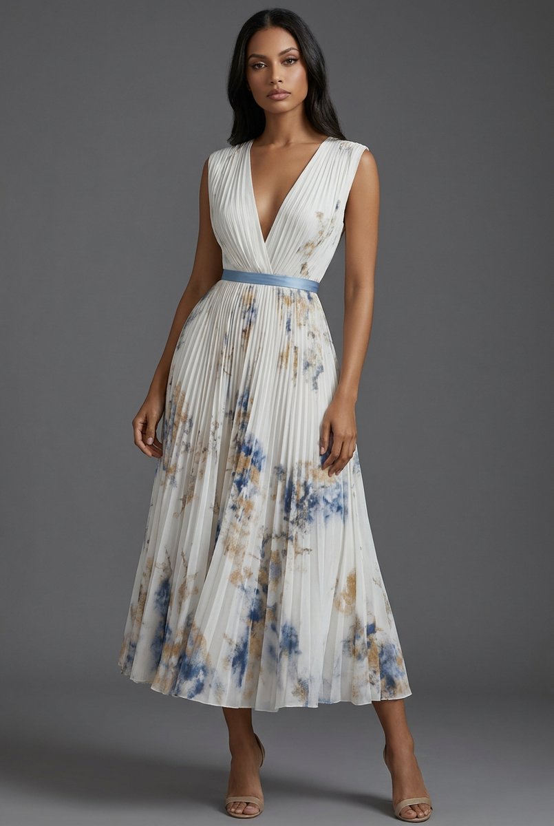 Amelie | Robe Midi Mère de la Mariée Robe Fleurie avec Décolleté en V Profond et Jupe Plissée